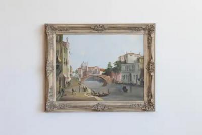 English 19th Century Oil Painting Depicting a Venetian Scene in Carved Frame