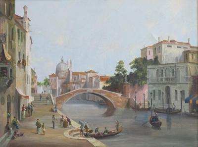 English 19th Century Oil Painting Depicting a Venetian Scene in Carved Frame