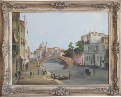 English 19th Century Oil Painting Depicting a Venetian Scene in Carved Frame
