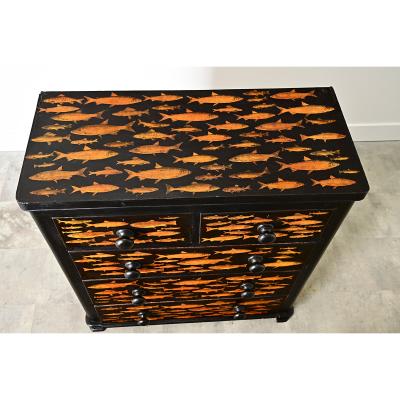 English 19th Century Pine Chest with New Paint Decoupage
