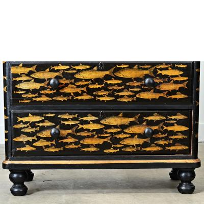English 19th Century Pine Painted Chest with Fish Decoupage
