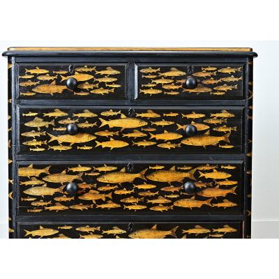 English 19th Century Pine Painted Chest with Fish Decoupage