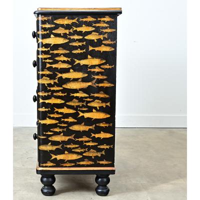 English 19th Century Pine Painted Chest with Fish Decoupage