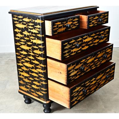 English 19th Century Pine Painted Chest with Fish Decoupage