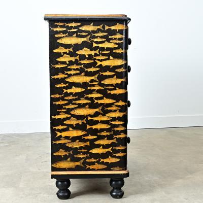 English 19th Century Pine Painted Chest with Fish Decoupage