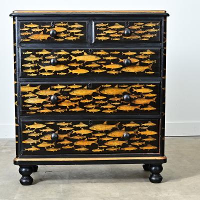 English 19th Century Pine Painted Chest with Fish Decoupage