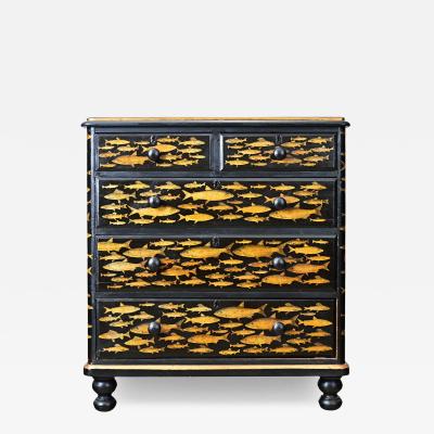 English 19th Century Pine Painted Chest with Fish Decoupage