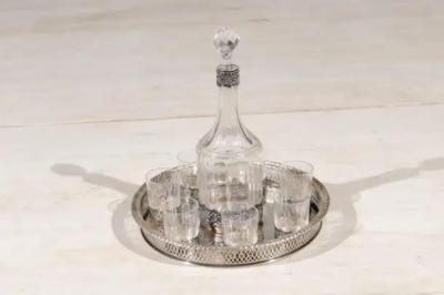English 19th Century Silver and Crystal Decanter Set with Glasses and Platter