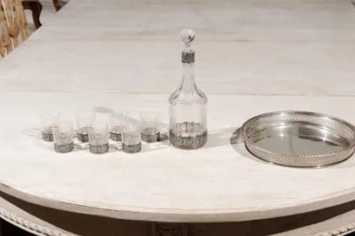 English 19th Century Silver and Crystal Decanter Set with Glasses and Platter