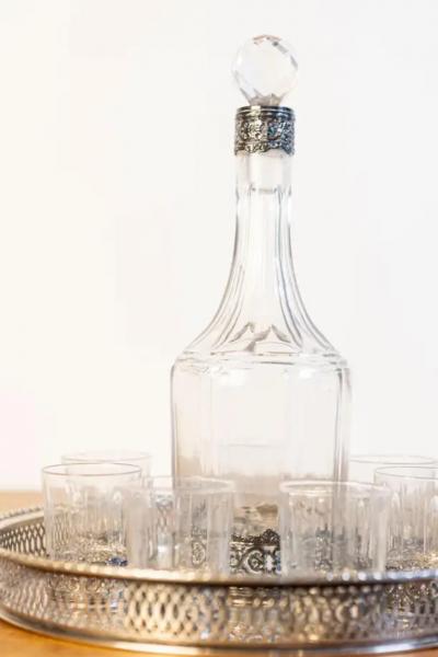 English 19th Century Silver and Crystal Decanter Set with Glasses and Platter