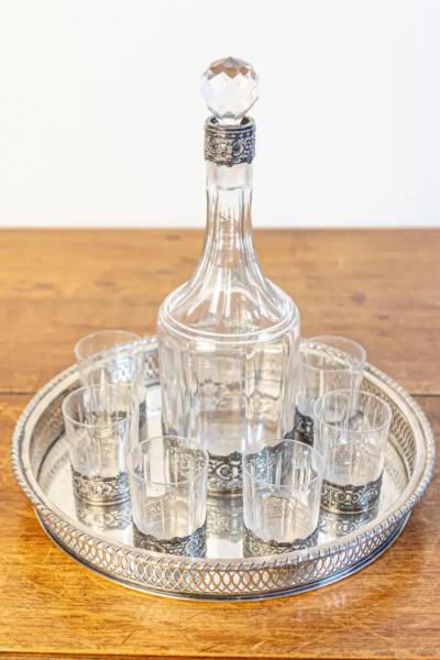 English 19th Century Silver and Crystal Decanter Set with Glasses and Platter