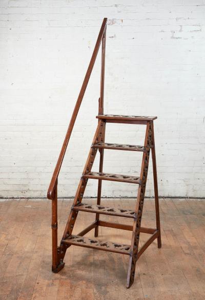 English 19th c Oak Library Steps with Handrail