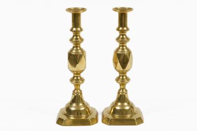 English Antique Brass Ace of Diamonds Candlesticks A Pair
