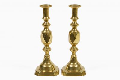 English Antique Brass Ace of Diamonds Candlesticks A Pair