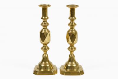 English Antique Brass Ace of Diamonds Candlesticks A Pair