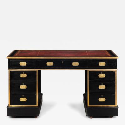 English Antique Campaign Ebonized Pedestal Desk 19th Century