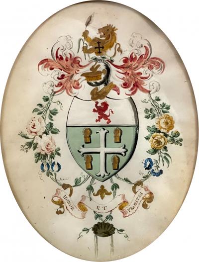 English Armorial Painting On Vellum In Oval Gilt Frame Circa 1880 