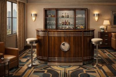 English Art Deco Yacht Flip Top Bar in Flamed Walnut