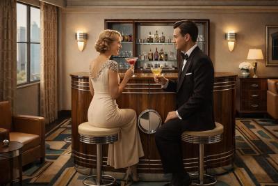 English Art Deco Yacht Flip Top Bar in Flamed Walnut