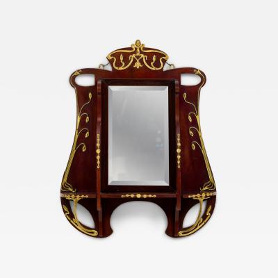 English Art Nouveau mahogany and gilt metal trim wall mirror with shelves