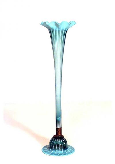English Arts Crafts Blue Glass Trumpet Vase