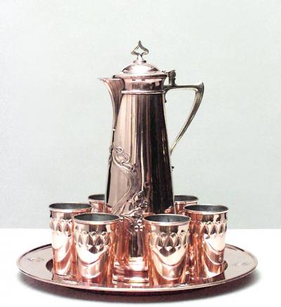 English Arts Crafts Brass Pitcher and Cup Set