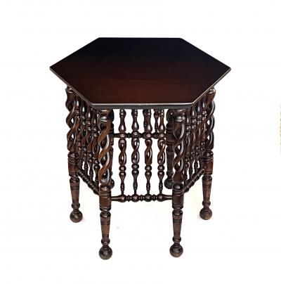 English Arts Crafts Hexagonal Occasional Table with Openwork Barley Twist Body