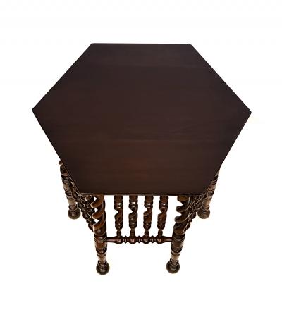 English Arts Crafts Hexagonal Occasional Table with Openwork Barley Twist Body