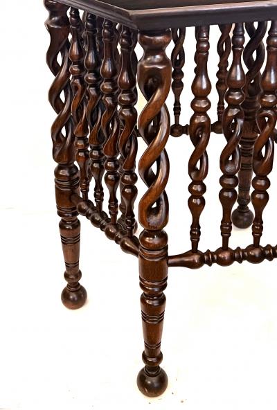 English Arts Crafts Hexagonal Occasional Table with Openwork Barley Twist Body