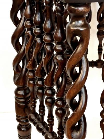 English Arts Crafts Hexagonal Occasional Table with Openwork Barley Twist Body