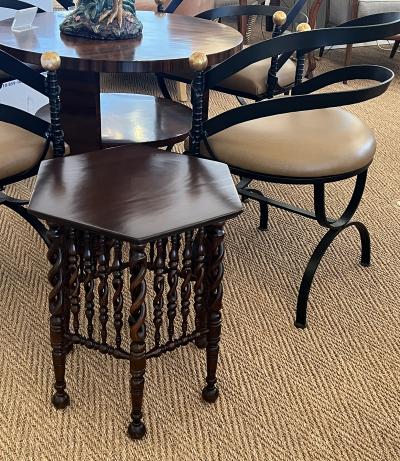 English Arts Crafts Hexagonal Occasional Table with Openwork Barley Twist Body