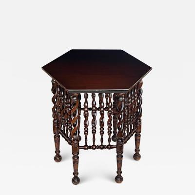 English Arts Crafts Hexagonal Occasional Table with Openwork Barley Twist Body