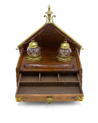 English Arts Crafts Mahogany and Brass Inkwell