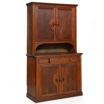 English Arts Crafts Oak Two Part Step Back Cupboard Cabinet c 1920