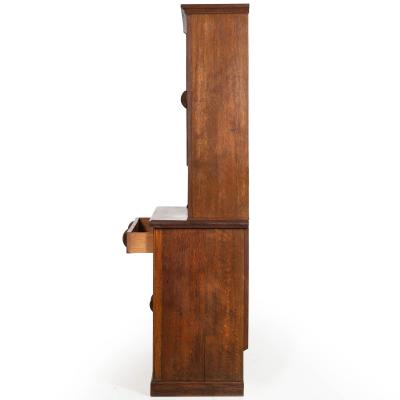 English Arts Crafts Oak Two Part Step Back Cupboard Cabinet c 1920