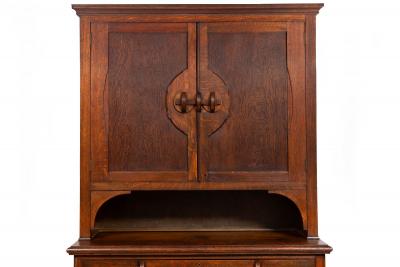 English Arts Crafts Oak Two Part Step Back Cupboard Cabinet c 1920