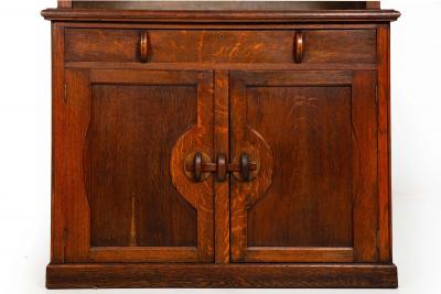 English Arts Crafts Oak Two Part Step Back Cupboard Cabinet c 1920