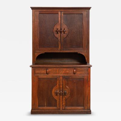 English Arts Crafts Oak Two Part Step Back Cupboard Cabinet c 1920