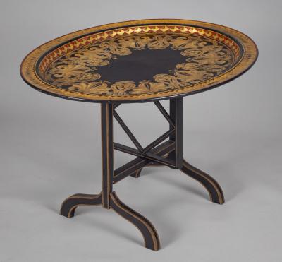 English Black Lacquered Parcel Gilt Tray on Stand