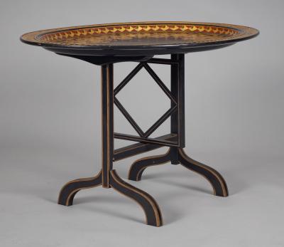 English Black Lacquered Parcel Gilt Tray on Stand