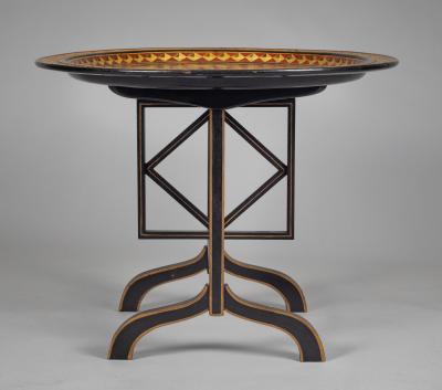 English Black Lacquered Parcel Gilt Tray on Stand