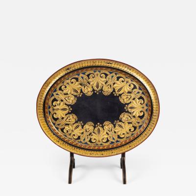 English Black Lacquered Parcel Gilt Tray on Stand