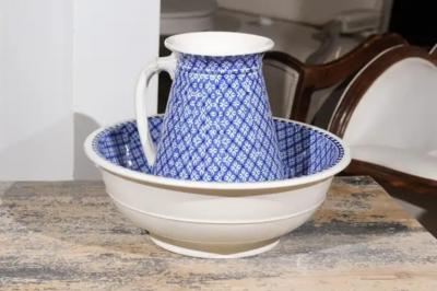 English Blue and White Brown Westhead Moore Co Valletta Pattern Washbasin