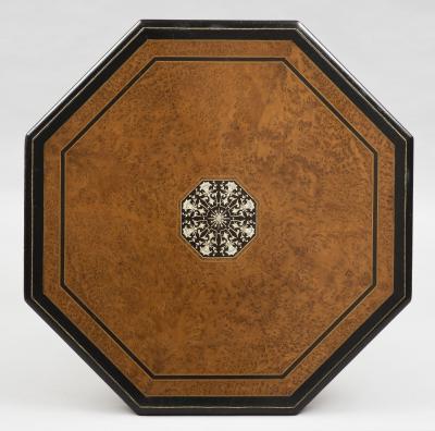 English Burl Elm Ebonized Inlaid Center Table Circa 1860
