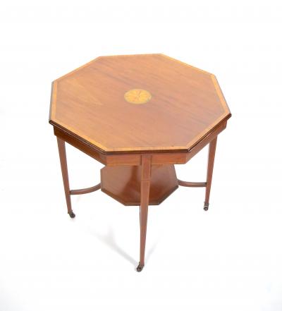 English Burl Mahogany Hexagonal Shape Inlay Decorated Top Center Table