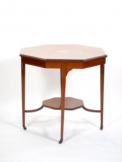 English Burl Mahogany Hexagonal Shape Inlay Decorated Top Center Table
