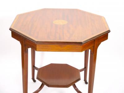 English Burl Mahogany Hexagonal Shape Inlay Decorated Top Center Table