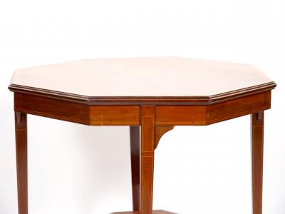 English Burl Mahogany Hexagonal Shape Inlay Decorated Top Center Table