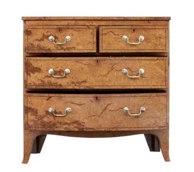English Burr Walnut Bow Front Chest of Drawers circa 1870 with Bookmatch Veneer