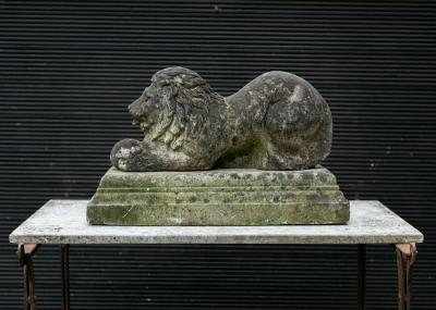 English Cast Stone Recumbent Lion on Stepped Plinth